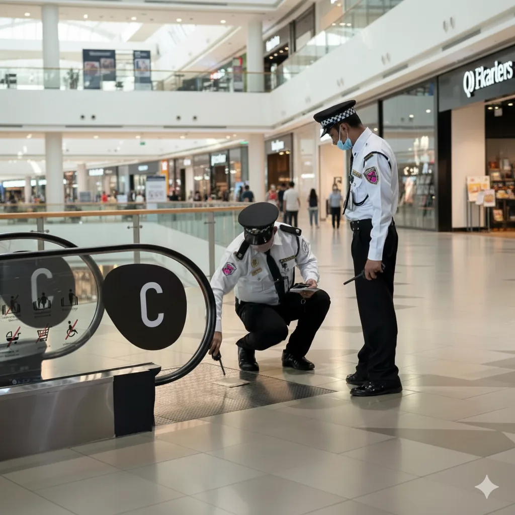 Security personnel inspecting an escalator in a shopping mall